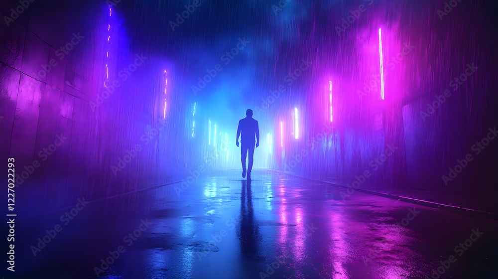 man walking alone in neonlit rain man walking alone in neonlit rain