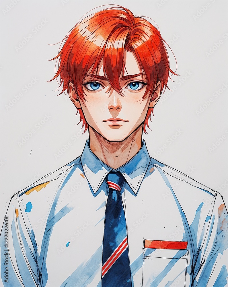 adult male shy straight red hair school uniform watercolor anime style illustration on plain white background adult male shy straight red hair school uniform watercolor anime style illustration on plain white background