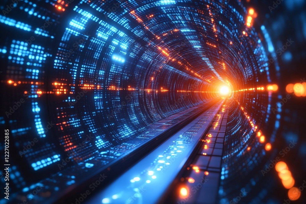 Visual representation of a futuristic tunnel with glowing lights and a bright focal point at the end Visual representation of a futuristic tunnel with glowing lights and a bright focal point at the end