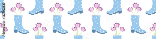Vector seamless pattern with tulip flowers in rubber rain boots. Cute texture, backdrop for wrapping paper, textile. Topic of spring, gardening, blooming nature