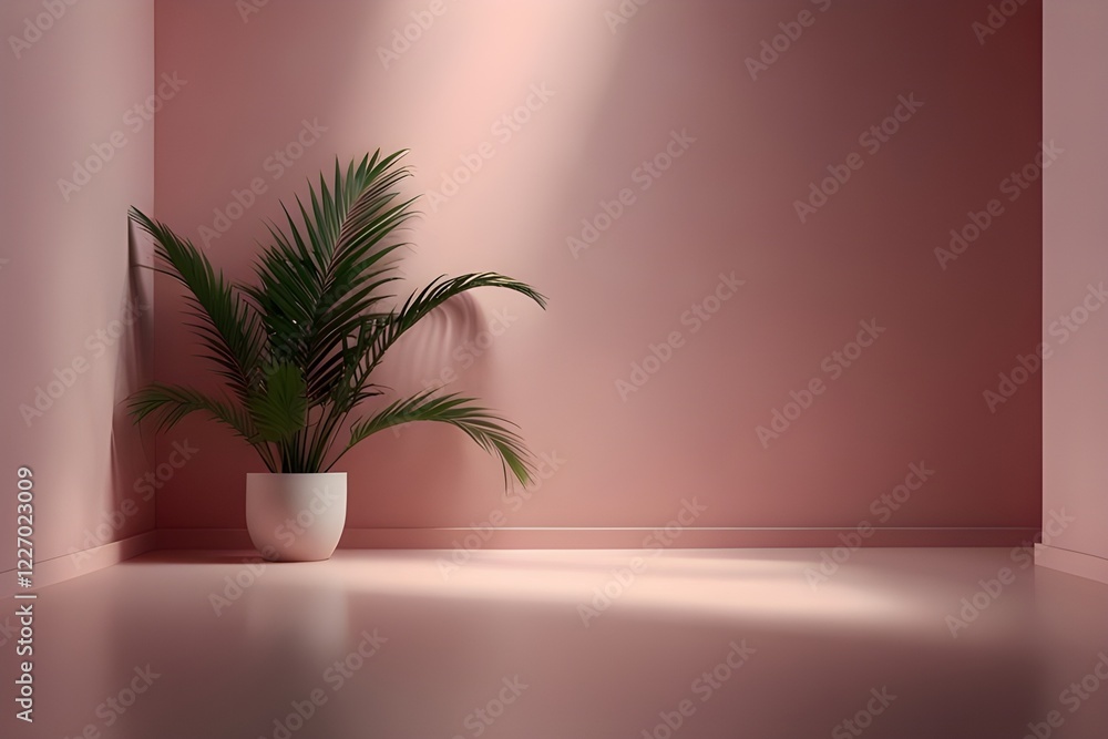 Abstract gradient pink studio background for product presentation. Empty room with shadows of window and flowers and palm leaves . Generative AI Abstract gradient pink studio background for product presentation. Empty room with shadows of window and flowers and palm leaves . Generative AI