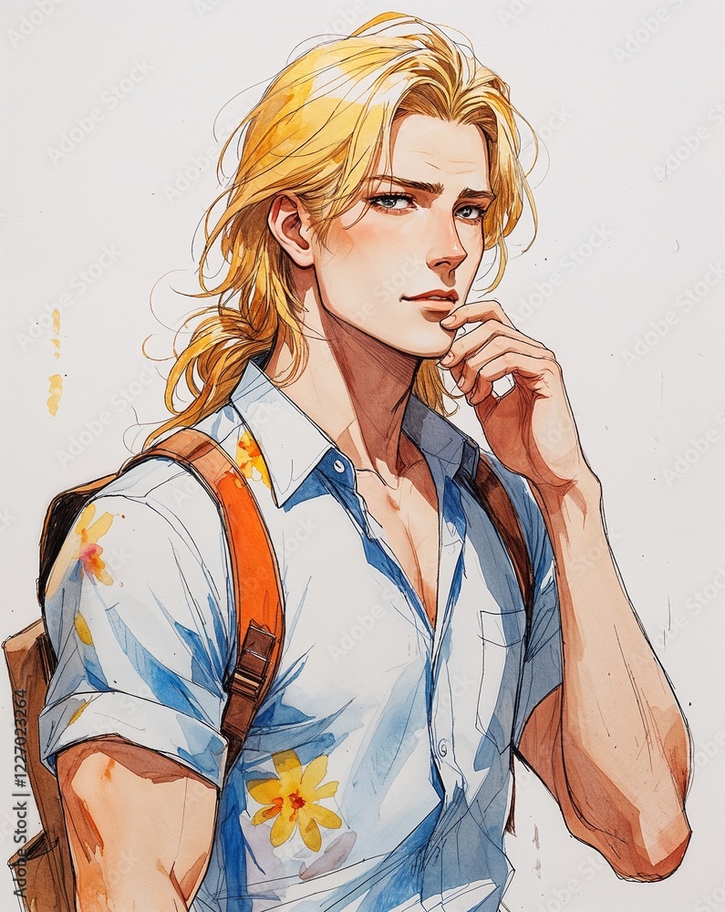 adult male thoughtful long blonde hair summer dress watercolor anime style illustration on plain white background adult male thoughtful long blonde hair summer dress watercolor anime style illustration on plain white background