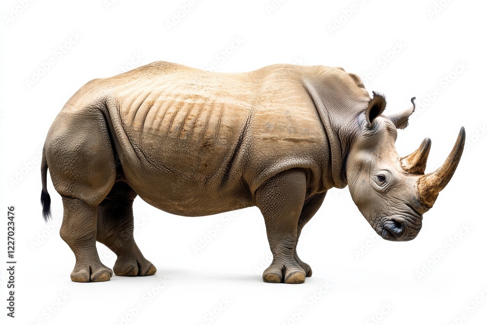 A majestic rhinoceros stands against a stark white background. A majestic rhinoceros stands against a stark white background.