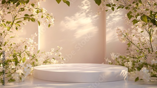 Wallpaper Mural white round podium with blooming flowers Torontodigital.ca