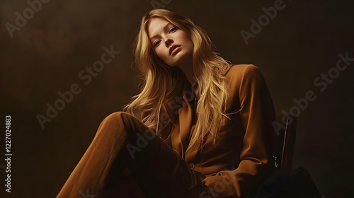 fashion model in brown suit studio portrait