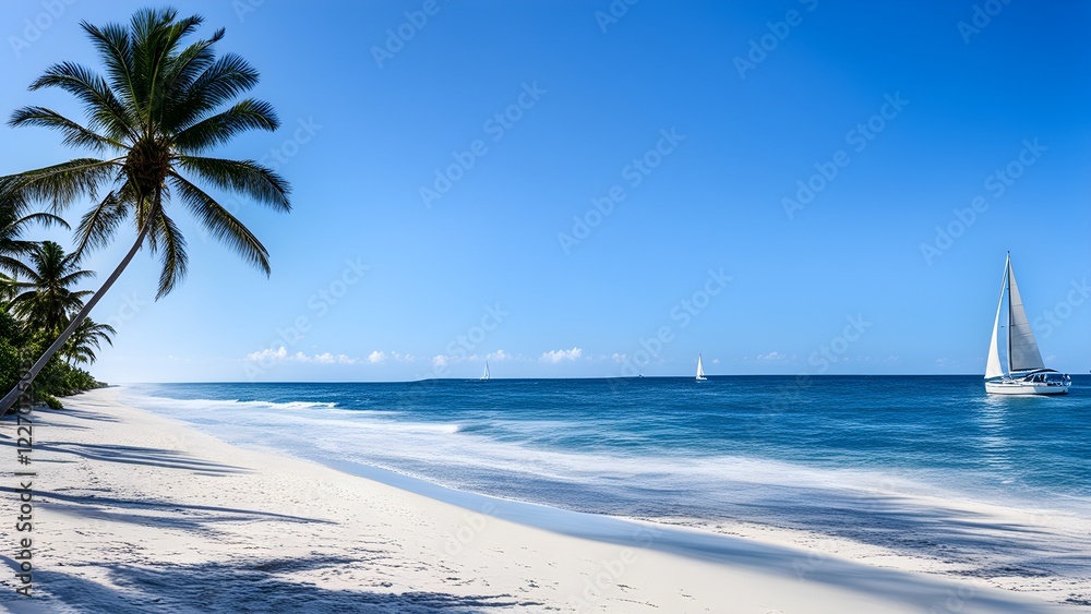 Fototapeta premium Idyllic tropical beach scene with white sand, palm trees, and sailboats on a clear turquoise ocean under a vibrant blue sky.