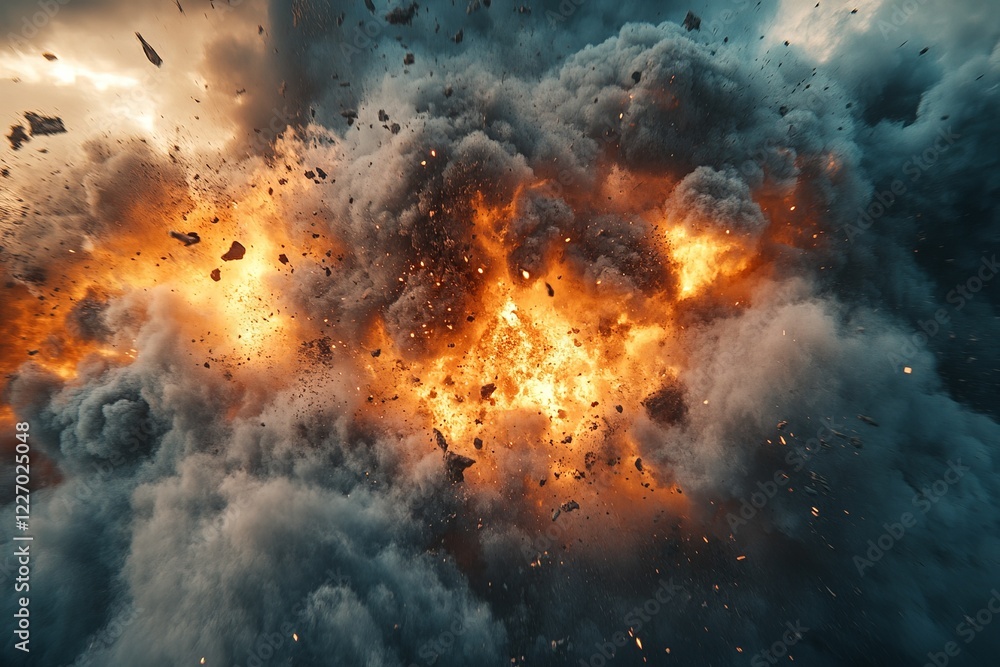 Intense explosion erupts, sending debris and flames into the air against a dark sky Intense explosion erupts, sending debris and flames into the air against a dark sky