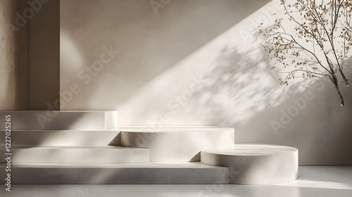 minimalist beige concrete display steps with branch shadow