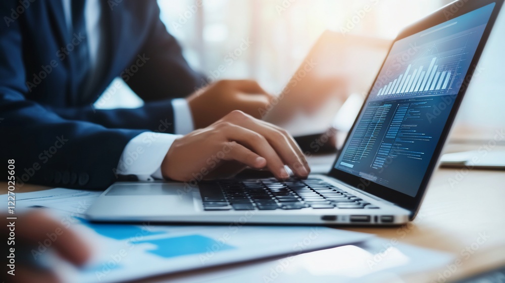 Business professionals analyzing data on laptops and charts in office setting Business professionals analyzing data on laptops and charts in office setting