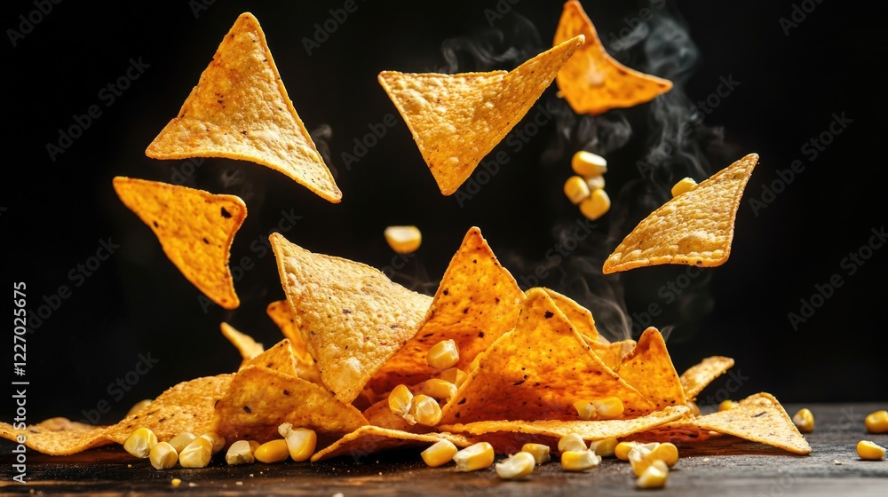 A pile of tortilla chips with corn on top. The chips are flying through the air. Scene is playful and fun A pile of tortilla chips with corn on top. The chips are flying through the air. Scene is playful and fun