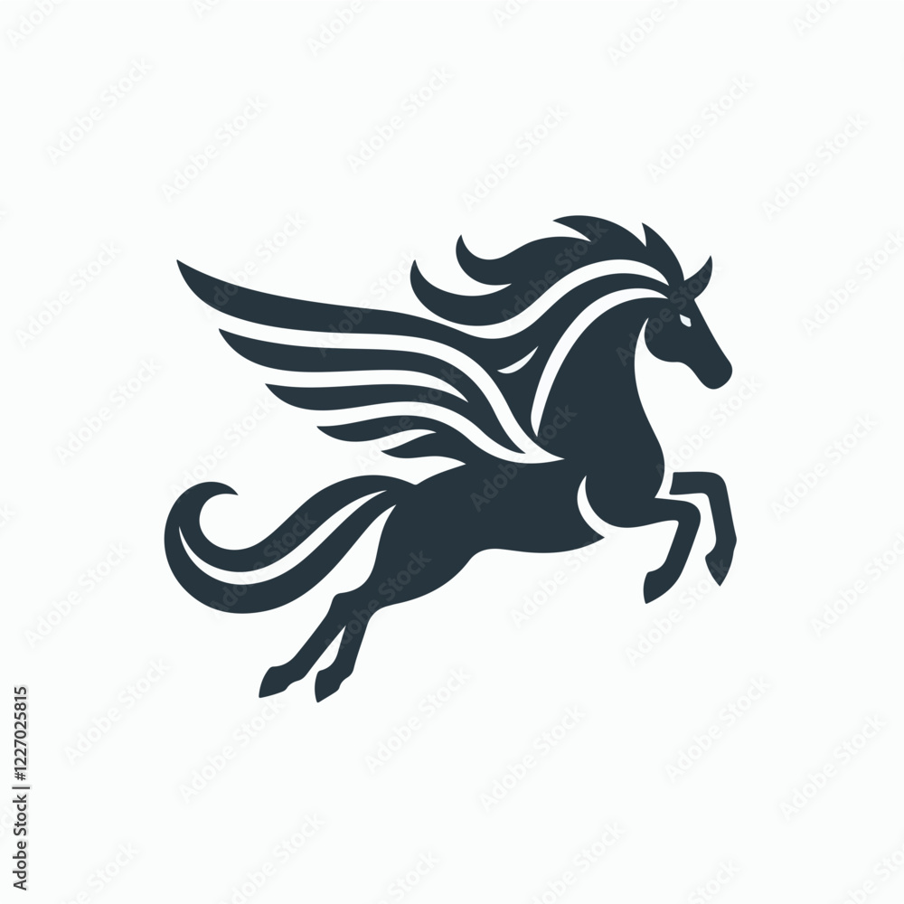 Majestic Pegasus in Flight: A stylized illustration of a powerful pegasus, wings outstretched in mid-leap, embodying grace, strength, and mythical power. Majestic Pegasus in Flight: A stylized illustration of a powerful pegasus, wings outstretched in mid-leap, embodying grace, strength, and mythical power.