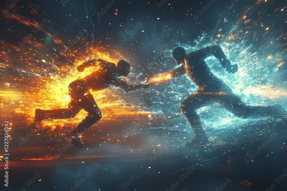 Fototapeta premium Dynamic clash between fiery and icy figures in an abstract representation of opposing forces in a colorful background