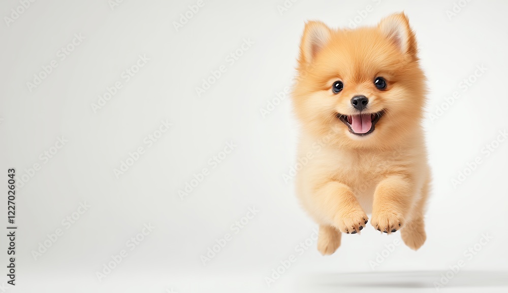 Playful Orange Pomeranian Puppy Leaps Against White Background Playful Orange Pomeranian Puppy Leaps Against White Background