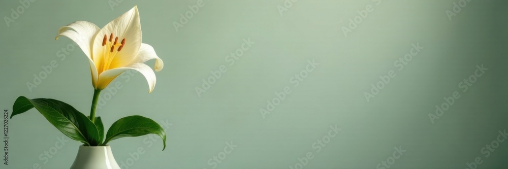 Fototapeta premium Single Madonna lily bloom in a vase with greenery, nature, stem, madonna lily