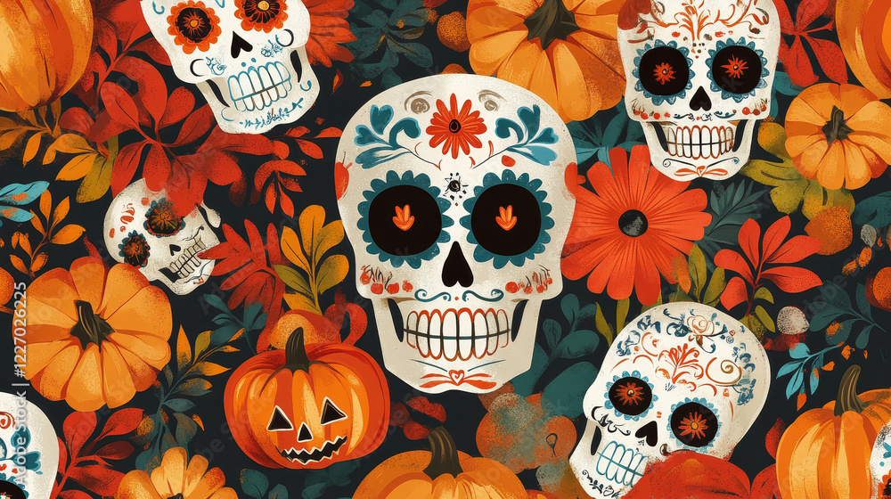 Halloween party mexican pumpkins seamless pattern. Wrapping paper backdrop, textile vector pattern or fabric holiday background with funny pumpkin mexican sugar skull, Halloween ornate Jack o lanterns Halloween party mexican pumpkins seamless pattern. Wrapping paper backdrop, textile vector pattern or fabric holiday background with funny pumpkin mexican sugar skull, Halloween ornate Jack o lanterns