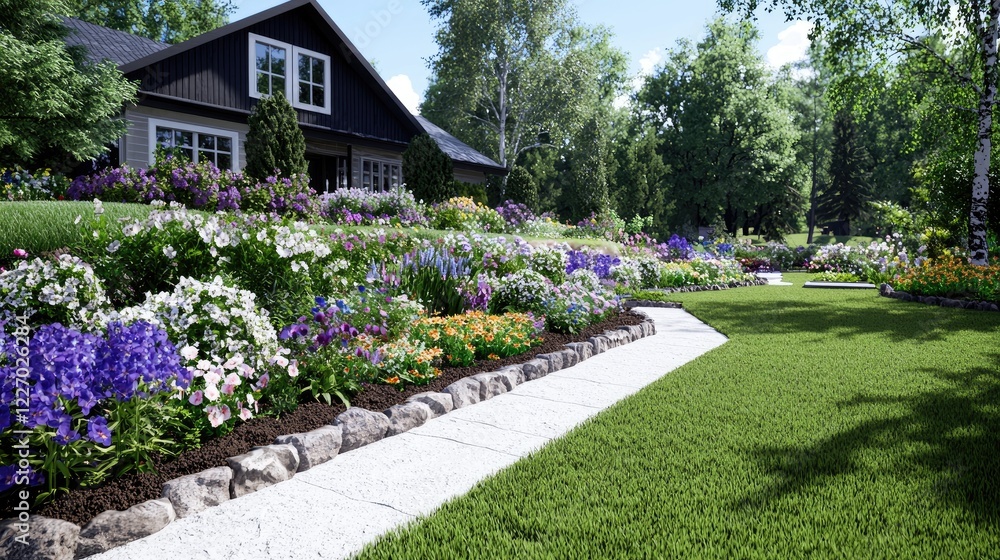 Obraz premium Landscaped garden path leading to house, sunny day