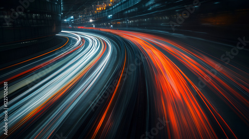 Wallpaper Mural Vibrant light trails of red and white streaking through a curved urban highway at night, capturing motion and energy in a dynamic cityscape Torontodigital.ca