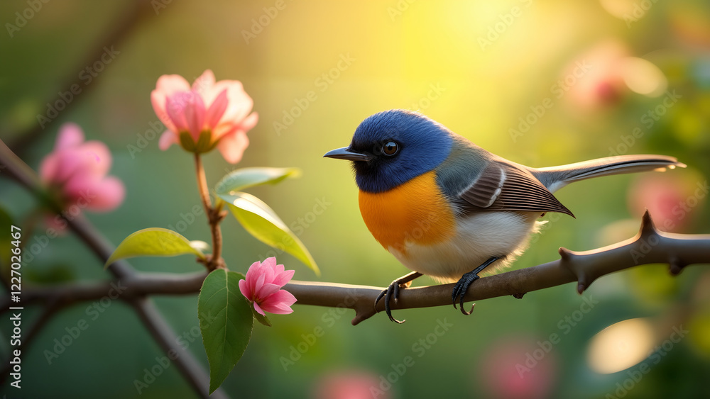 Obraz premium Splendid Fairywren Among Colorful Flowers