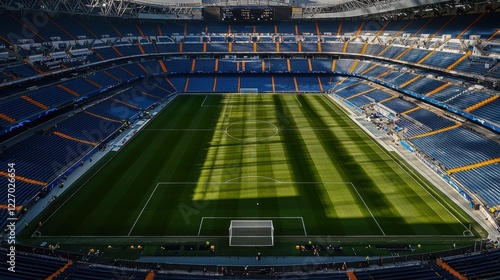 Exciting soccer match preparation santiago bernabeu stadium sports venue urban environment aerial view anticipation fans photo