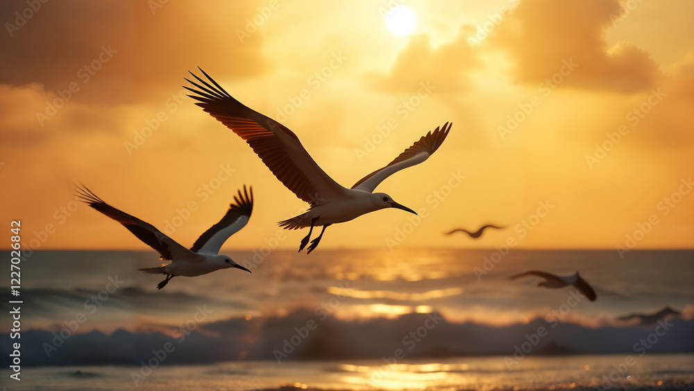 Naklejka premium Flock of Frigatebirds at Sunset