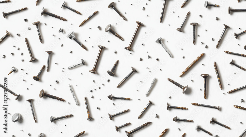 Seamless background pattern of bent nails penetrating a white substrate scattered randomly in a square format Seamless background pattern of bent nails penetrating a white substrate scattered randomly in a square format