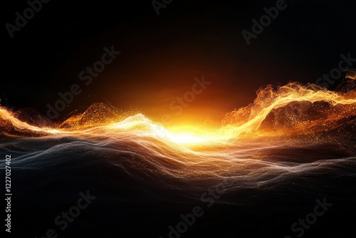 An abstract representation of waves made of light and color, evoking emotions through its dynamic flow and interplay of vivid colors against a dark background for artistic allure.