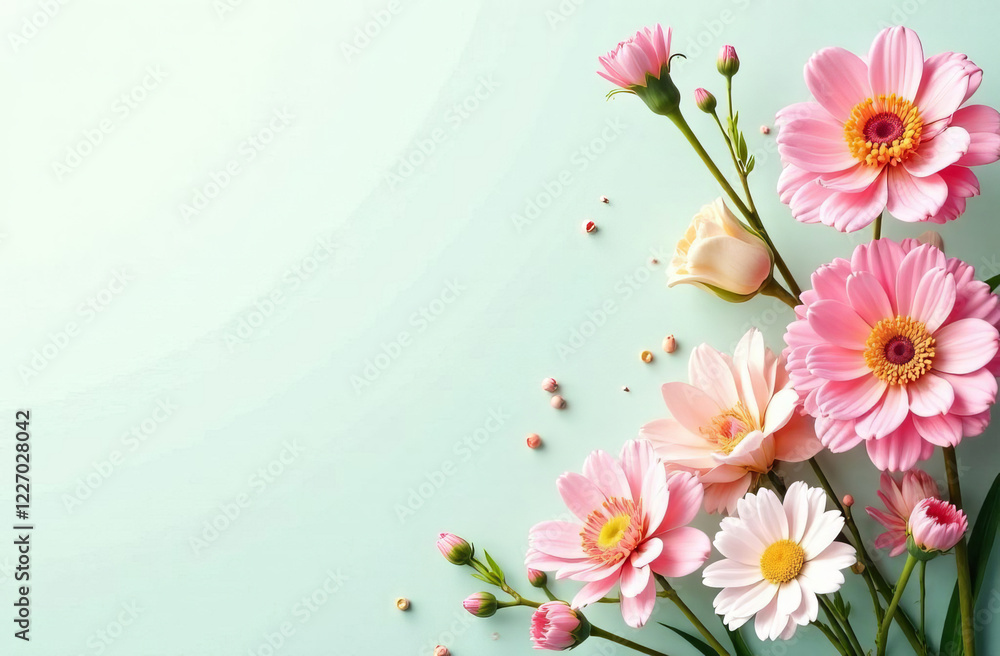 Spring flowers on a greeting card, space for text. Pastel colors. Spring flowers on a greeting card, space for text. Pastel colors.