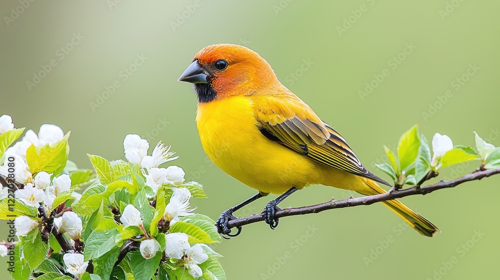 Obraz premium Yellow bird perched on flowering branch, spring garden background, nature photography, ideal for wildlife websites