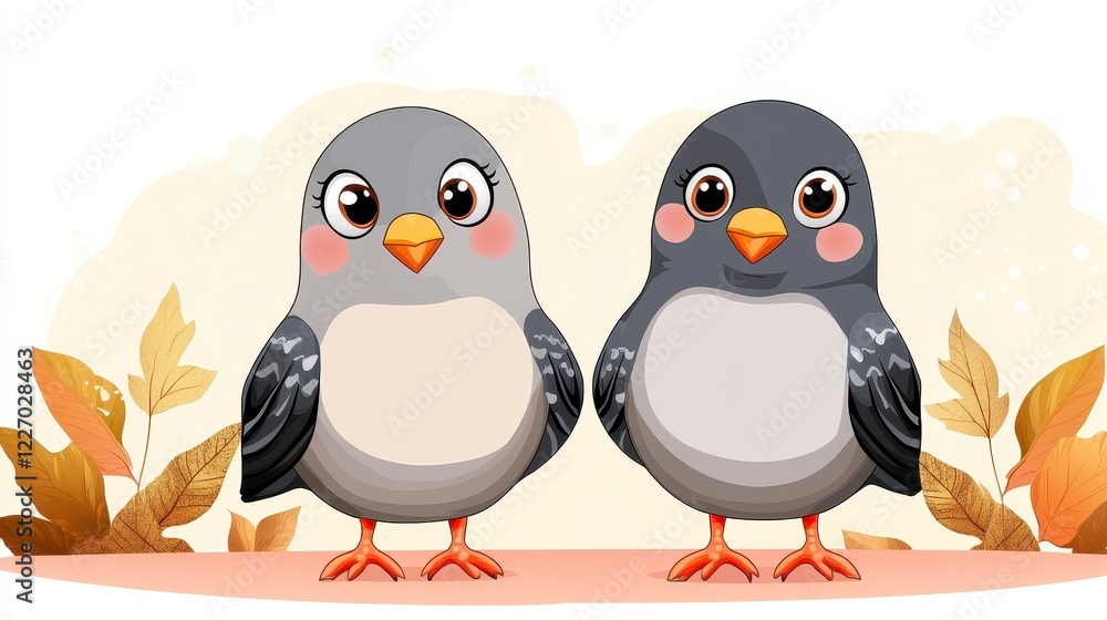 Obraz premium Cute Cartoon Birds with Leaf Background for Fun Illustrations