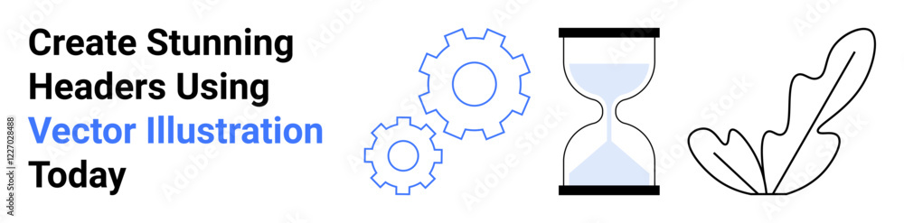 Two gears, an hourglass, and a leaf emphasize time, creativity, and innovation. Ideal for marketing banners, project management, ecology, technology productivity design flat landing page banner Two gears, an hourglass, and a leaf emphasize time, creativity, and innovation. Ideal for marketing banners, project management, ecology, technology productivity design flat landing page banner