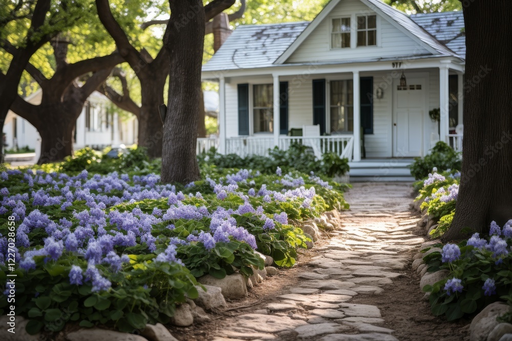 Fototapeta premium Charming walkway lined with blooming flowers leads to a quaint cottage retreat. Generative AI
