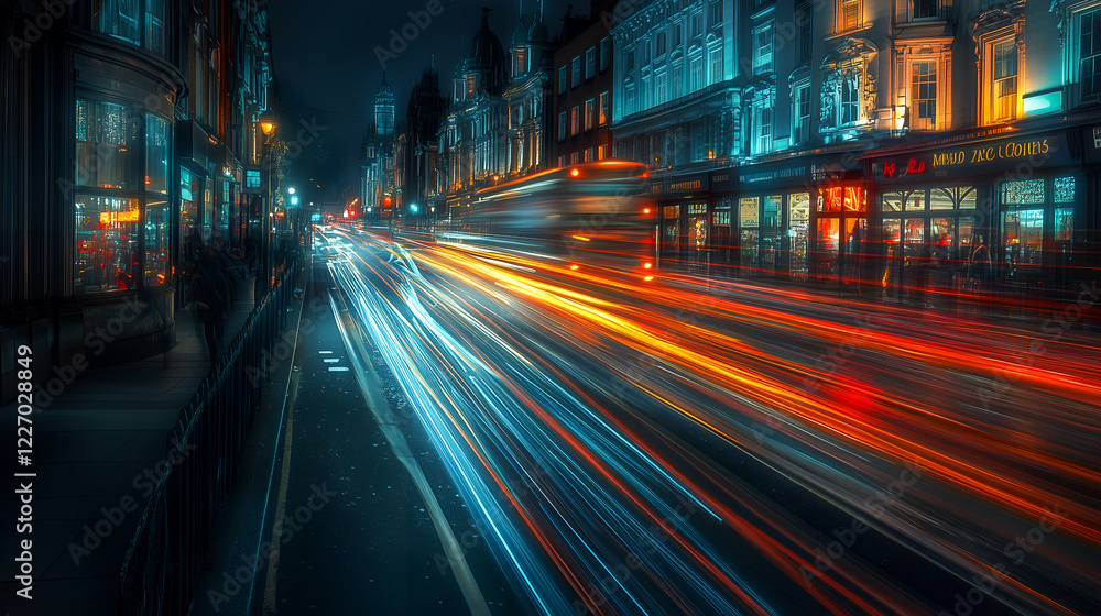 Fototapeta premium Night cityscape with vibrant light trails from moving vehicles, capturing the energy and dynamism of city life at night