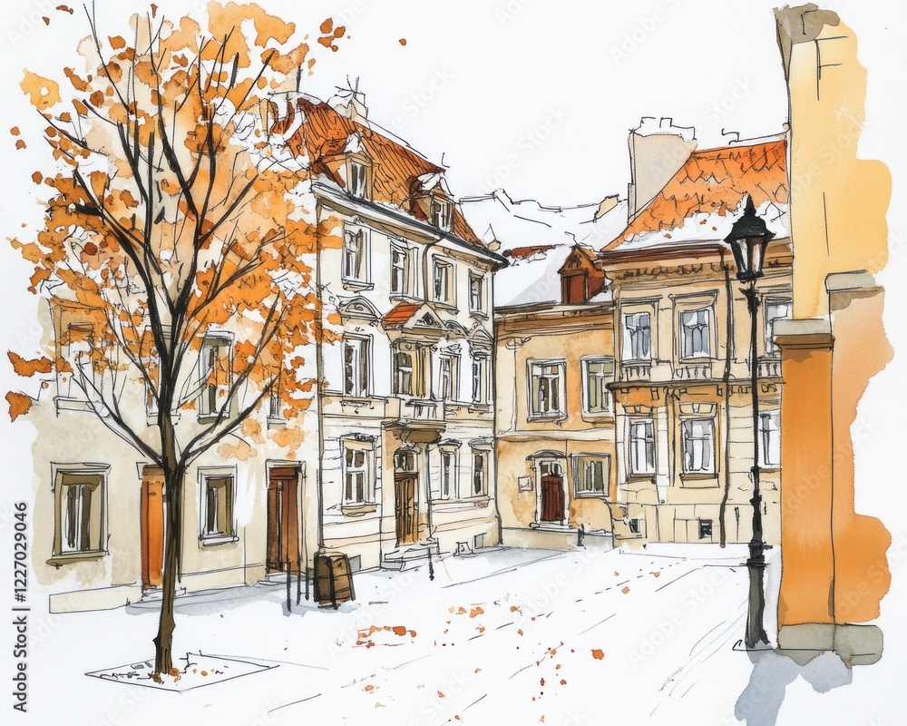 Fototapeta premium Autumnal Street Scene with Old European Buildings and a Tree