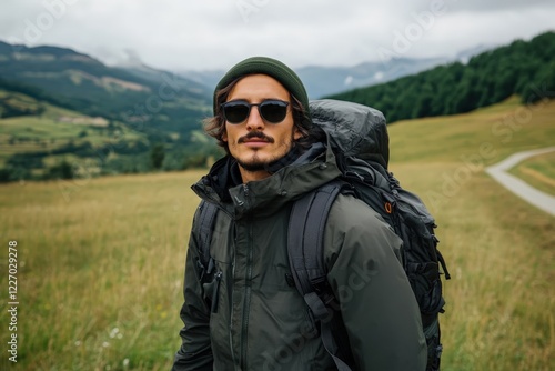 A fashionable young man stands confidently in a lush green field, wearing sunglasses and a backpack, perfectly embodying the spirit of adventure and exploration. photo