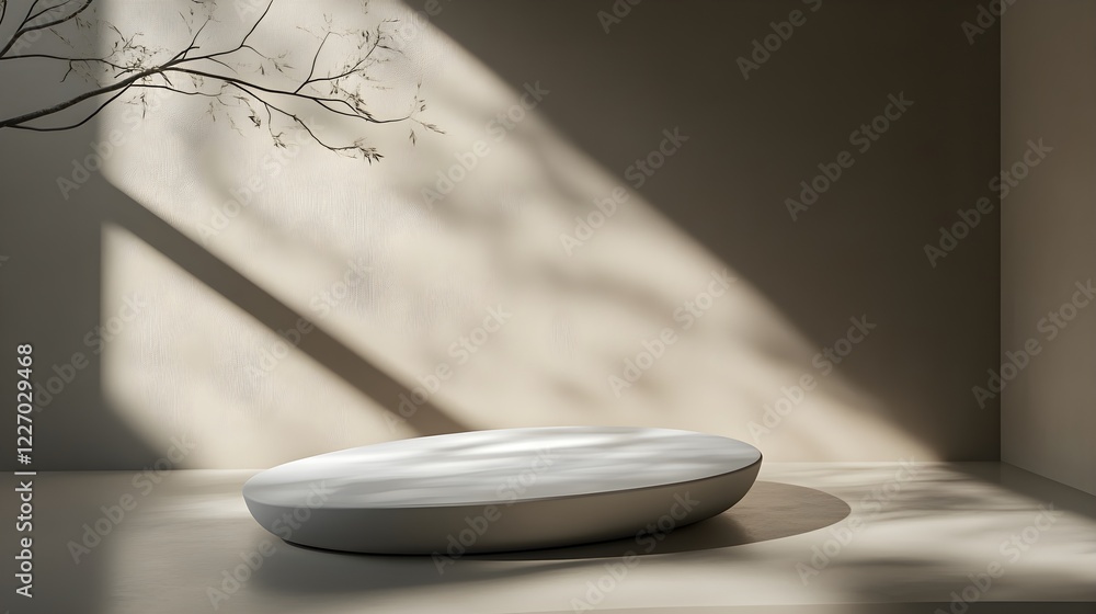 minimalist product display oval podium beige background sunlight