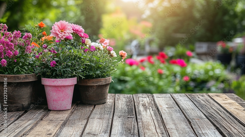 Outdoor garden center table with wooden planks, holding pots of seasonal flowers. picture Outdoor garden center table with wooden planks, holding pots of seasonal flowers. picture