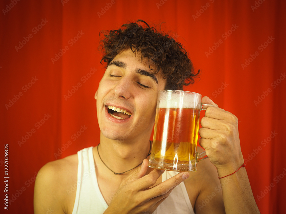 Funny guy drinks light beer. Funny guy drinks light beer.