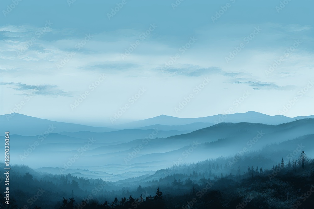 Fototapeta premium Mystical blue mountains shrouded in morning mist under a serene sky. Generative AI