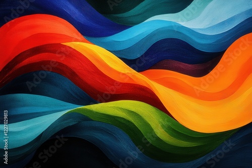 This vibrant abstract artwork features flowing waves of colors, creating a dynamic visual experience that evokes energy and emotion through its intricate patterns.