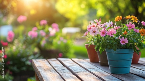 Wallpaper Mural Outdoor garden center table with wooden planks, holding pots of seasonal flowers. picture Torontodigital.ca