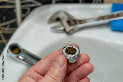 Dirt on the filter mesh of a disassembled mixer. Unclogging a bathroom faucet. Water quality