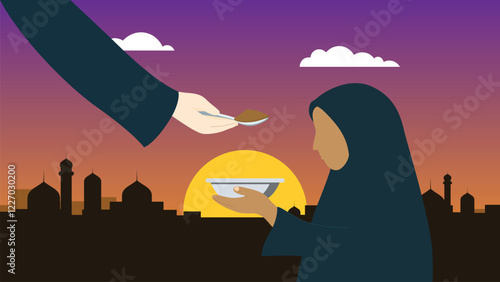 vector flat design illustration of Ramadan. A volunteer hand reaching out to hand a meal to a women in need