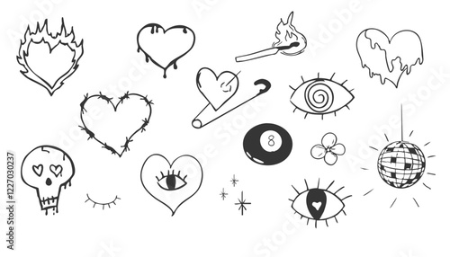 Psychedelic doodle heart barbed wire, with fire nd eye, graffiti groovy set. Retro tattoo grunge lucky ball, disko ball. Street sketch skull and fire vintage aesthetic.