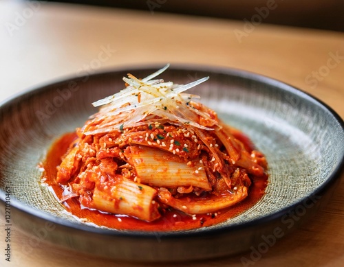 Kimchi or Korean spicy fermented cabbage served in a bowl, showcased from an angled view, emphasizing vibrant colors and textures in a professional food photography style. photo