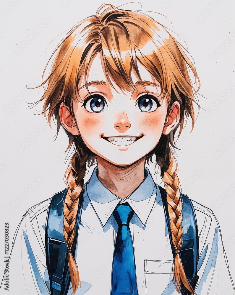 child male happy braided light brown hair school uniform watercolor anime style illustration on plain white background child male happy braided light brown hair school uniform watercolor anime style illustration on plain white background