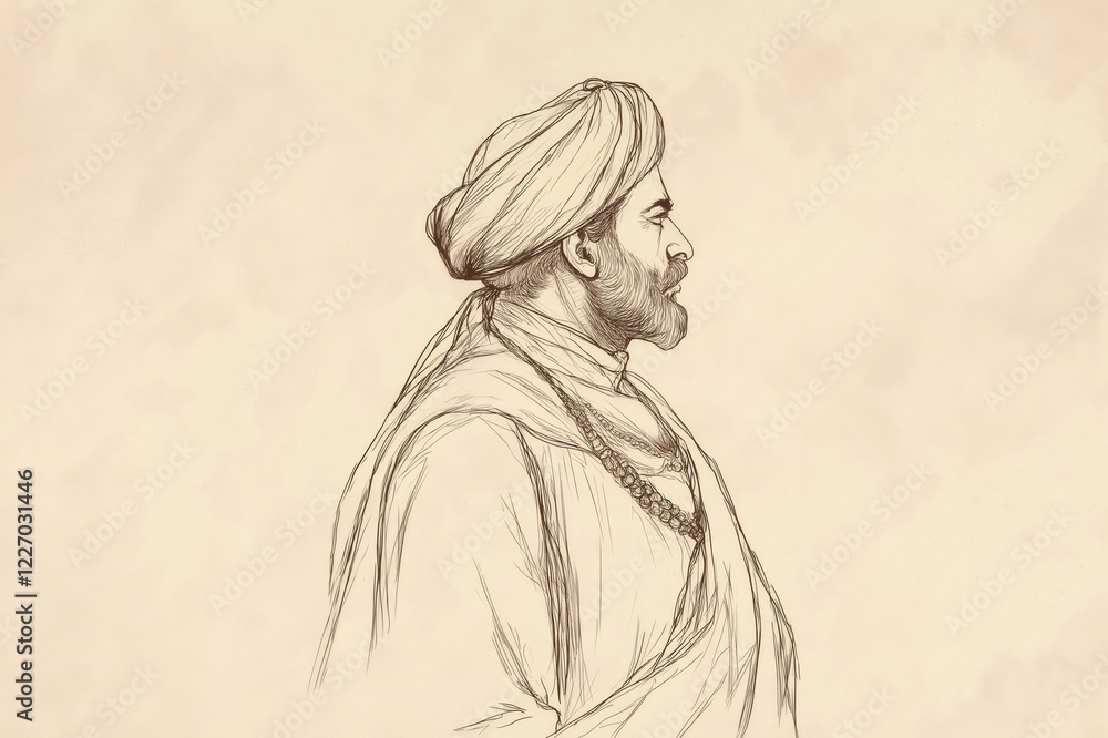 Fototapeta premium Minimalist sketch representing the profile of an Indian man wearing traditional clothing and a turban, showcasing cultural heritage through art