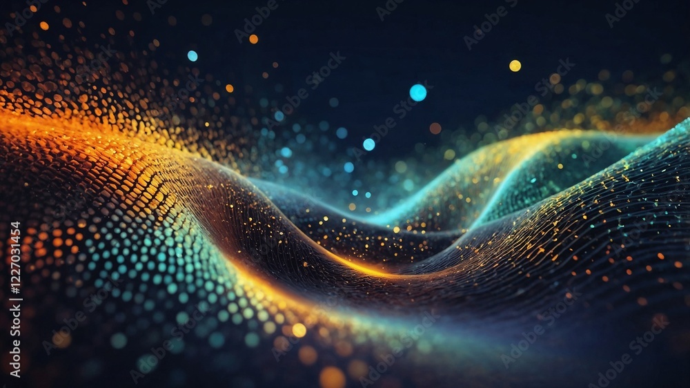 Visual representation of vibrant wave patterns with colorful particles illuminated against a dark background Visual representation of vibrant wave patterns with colorful particles illuminated against a dark background