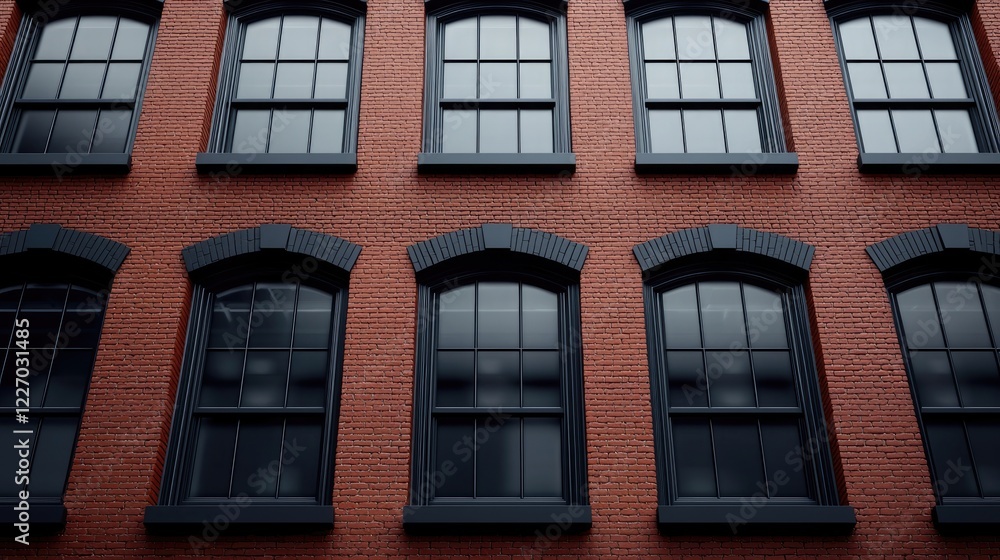 Fototapeta premium Red brick building facade, city windows, urban architecture, low angle view, architectural design