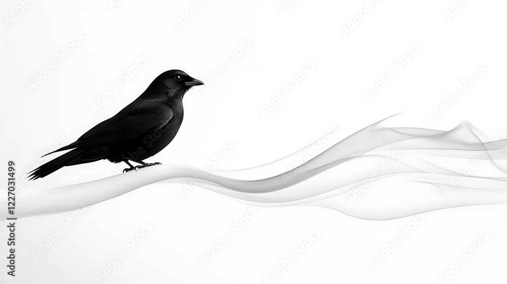 Fototapeta premium Black Crow On Abstract White Wave Background