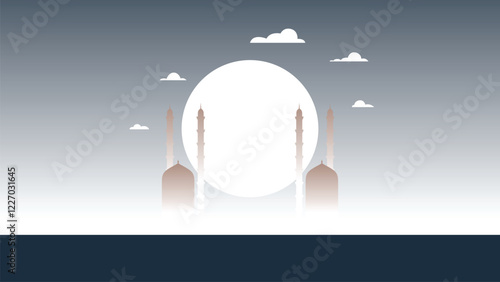 vector illustration of a silhouette of a mosque with a view of the night sky and a full moon